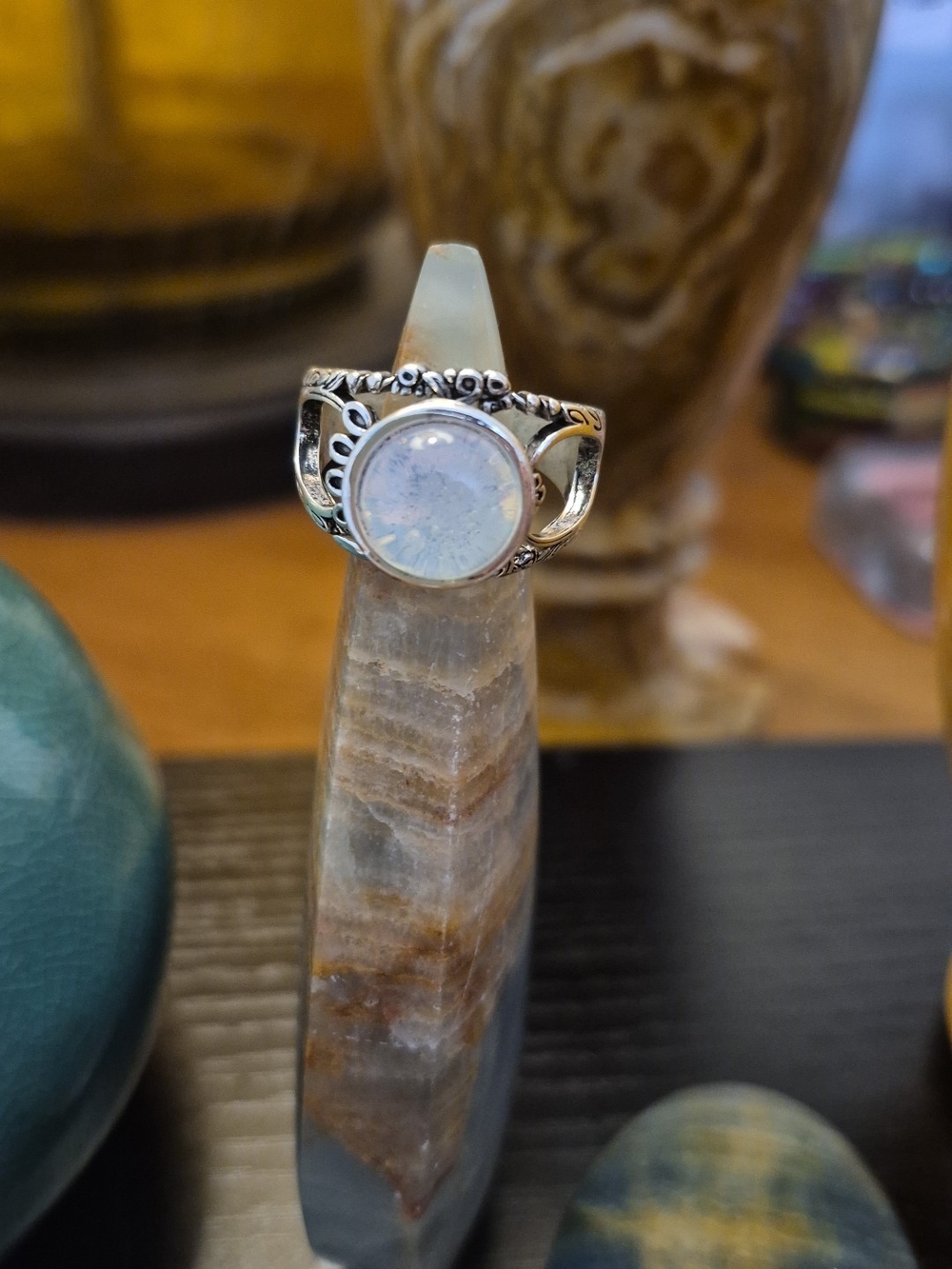 *NEW* Moonstone Crescent Moon Silver Ring- Iridescent